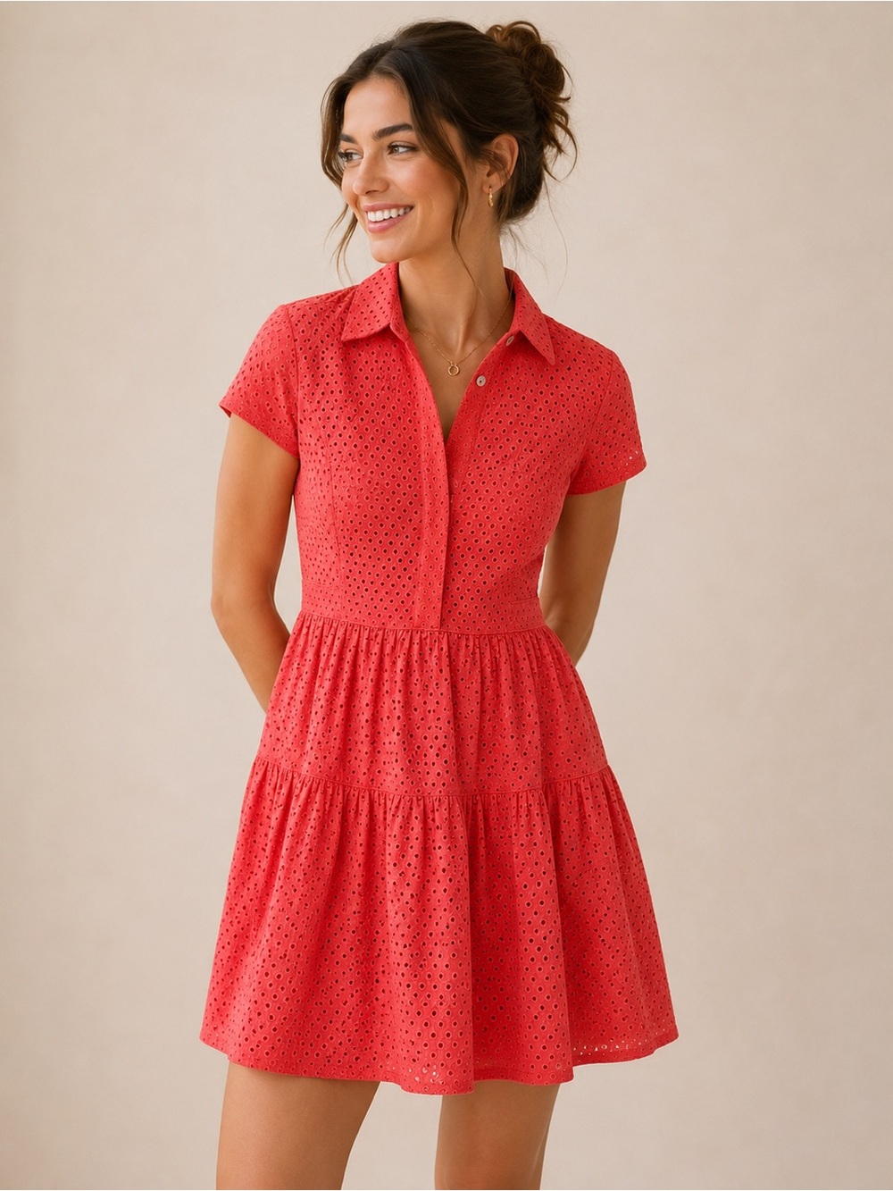Diane Von Furstenberg Coral Eyelet Dress Cotton Fit & Flare Collared Mini Dress